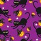 Halloween Spooky Black Cats and Tossed Pumpkins on Purple 100% Cotton Fabric